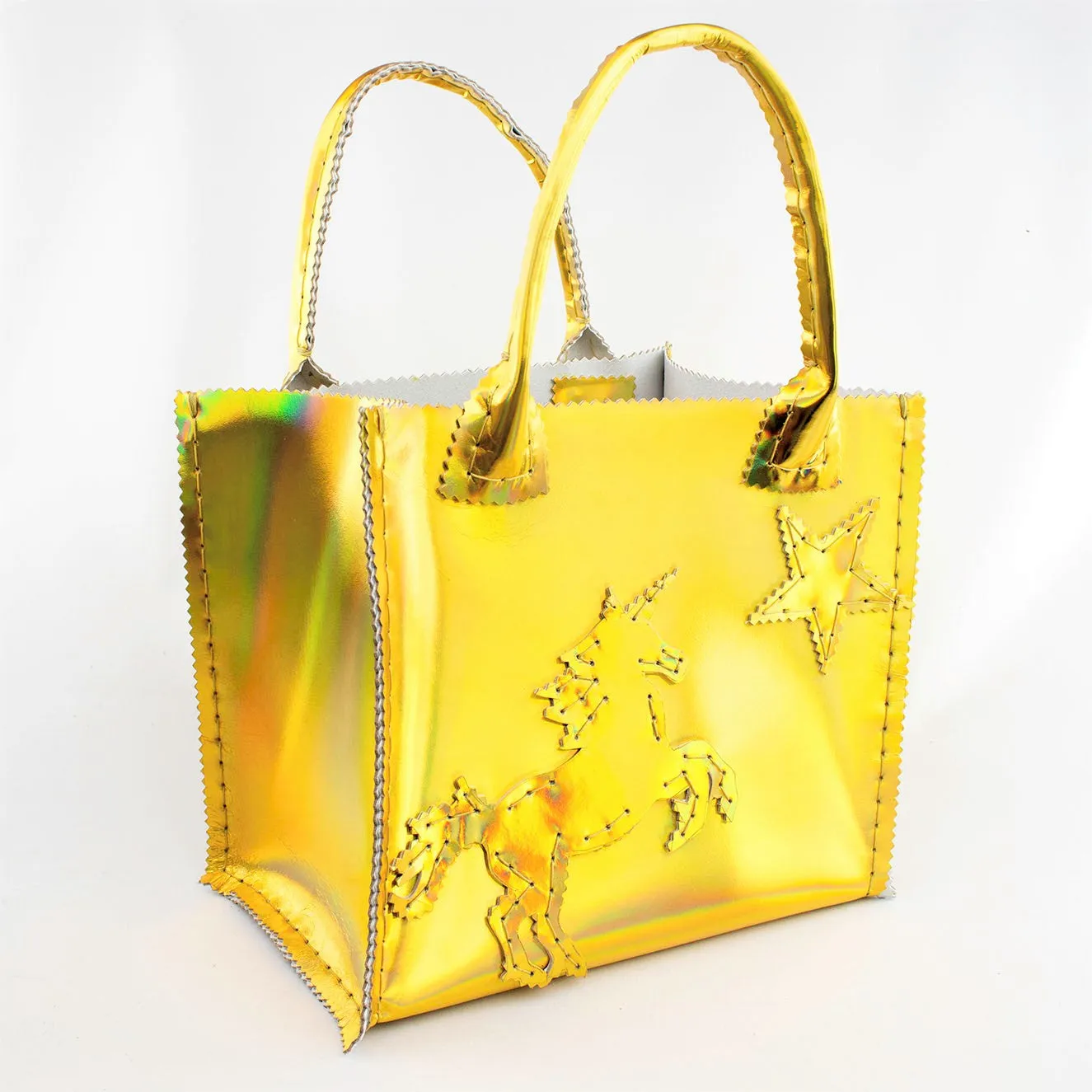 Unicorn and Stars Handbag in Holographic Gold Leather