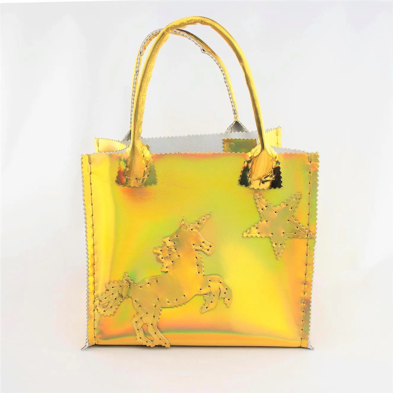 Unicorn and Stars Handbag in Holographic Gold Leather