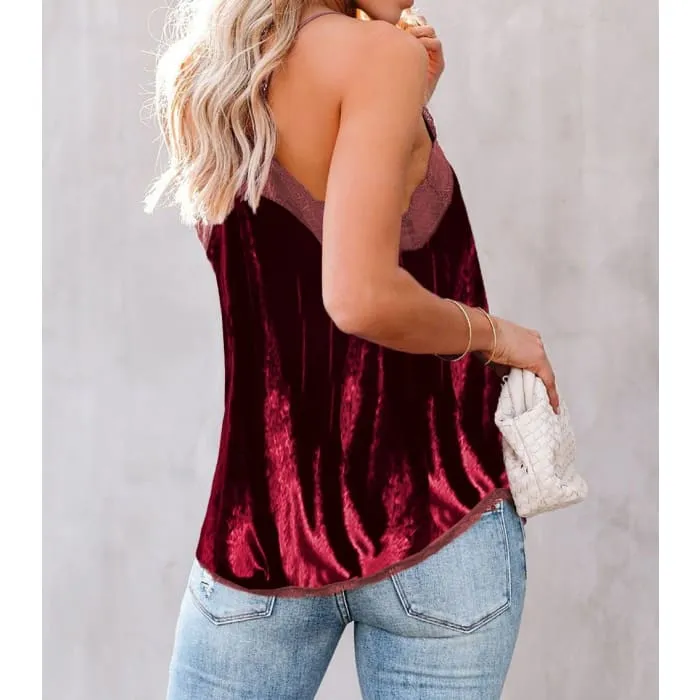 Wine Lace Trim Velvet Camisole